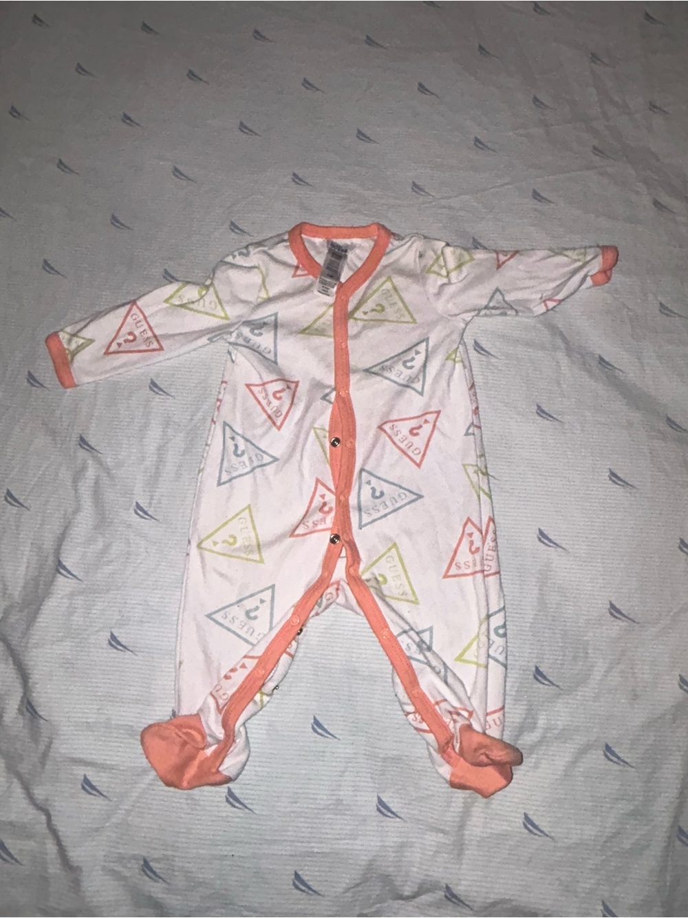 Guess White Footed One-Piece with Coral Trim and Multicolor Triangle Logos